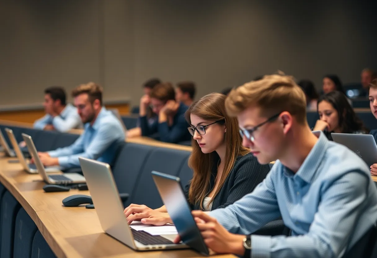 A lecture hall with a laptop open to a generative AI prompt, illustrating the considerations for AI in higher education that TEQSA now expects providers to address