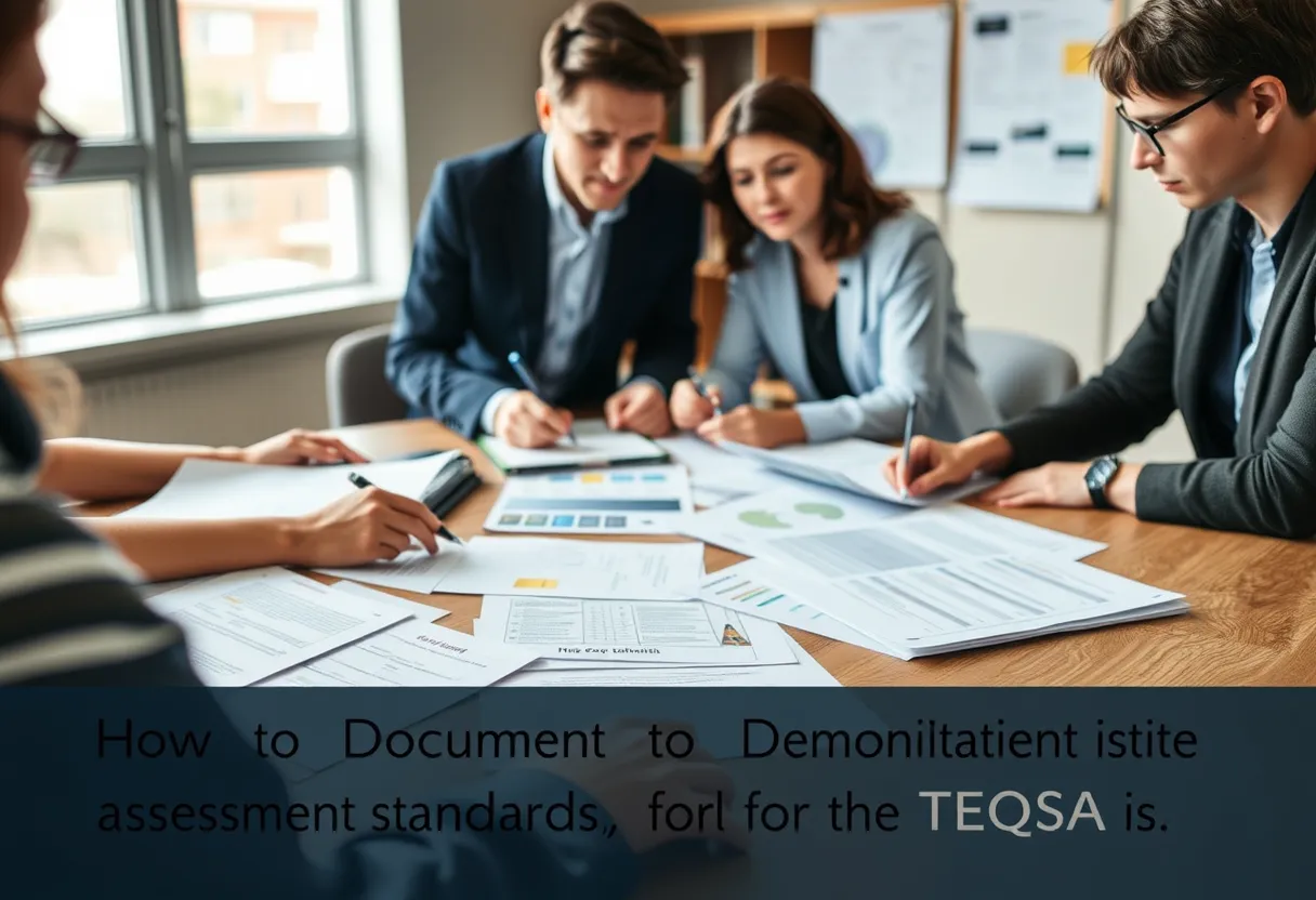 A moderation record, a marking rubric and a grade distribution chart arranged on a desk, illustrating the assessment standards TEQSA reads as evidence