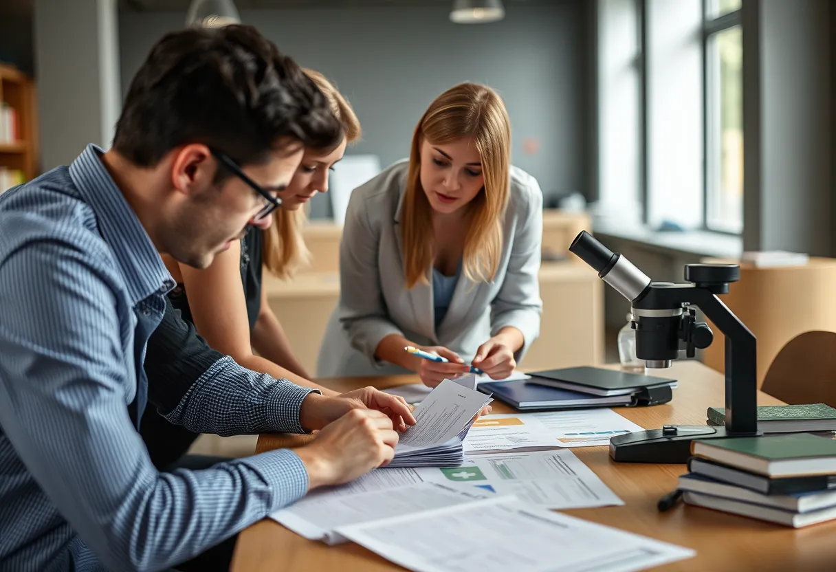 A tutor working with a small group of students in a seminar room, illustrating the learning and teaching TEQSA assessors examine