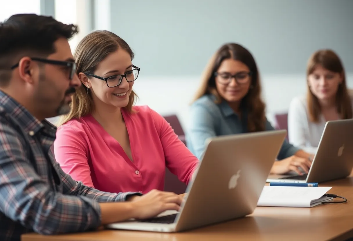 Mid-career professionals in a short evening course, illustrating a micro-credentials continuing education program run by a higher education provider
