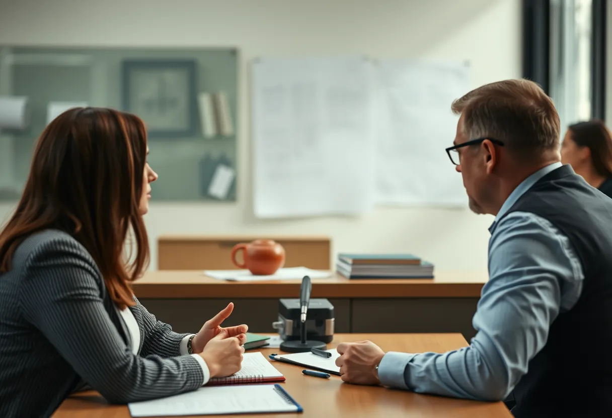 A consultant and a provider's board reviewing an application binder together, illustrating how TEQSA higher education consultants work with governing bodies