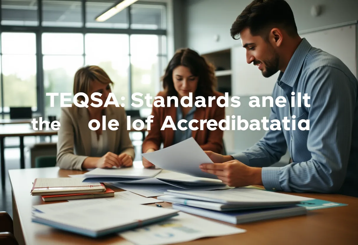 Two institutional representatives signing a partnership agreement, illustrating collaboration in accreditation under TEQSA standards