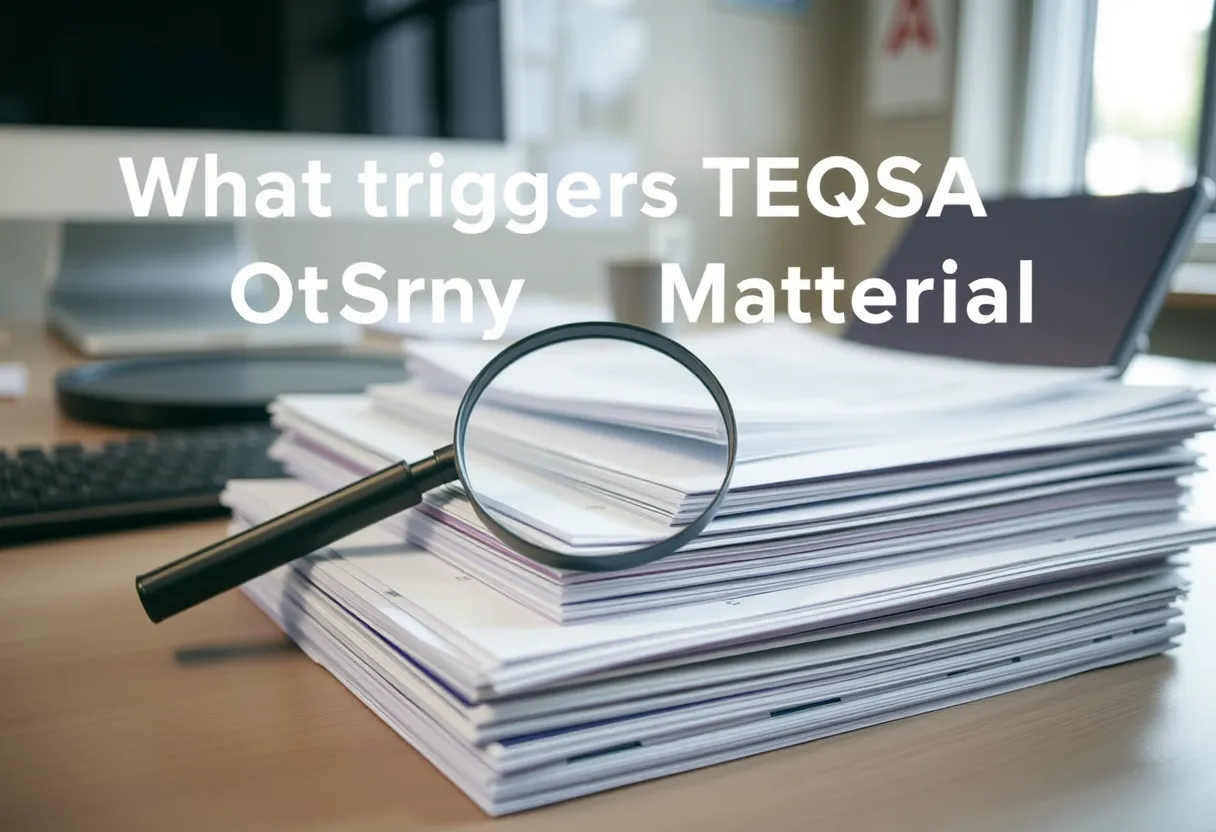A fourteen-day calendar countdown beside a notification form, illustrating what triggers TEQSA scrutiny and a TEQSA material change notification